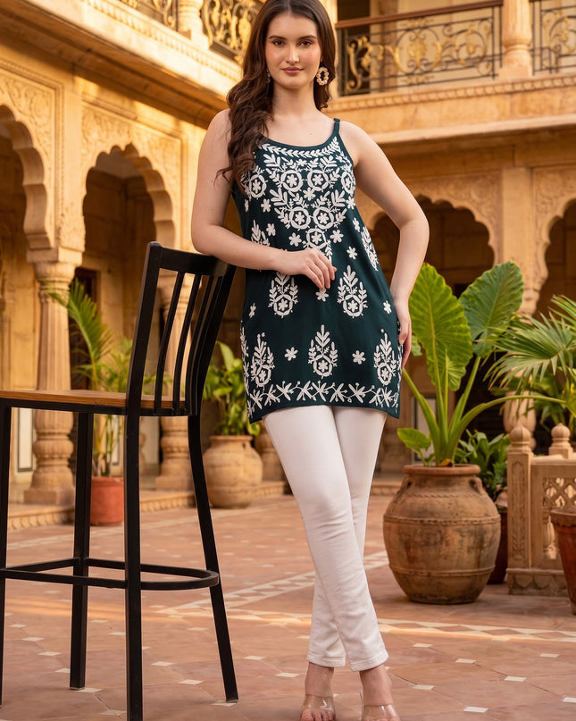 Chikankari Embroidered Spaghetti Strap Green Short Kurta
