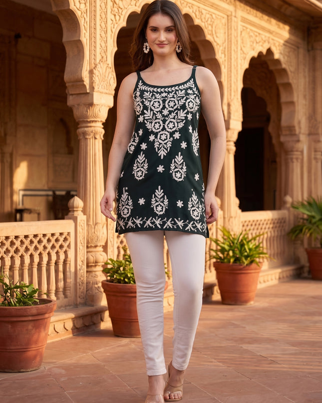 Chikankari Embroidered Spaghetti Strap Green Short Kurta