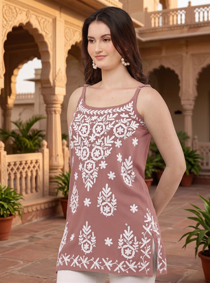 Chikankari Embroidered Spaghetti Strap Mauve Short Kurta