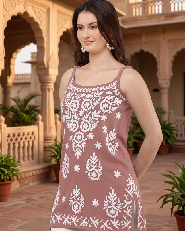 Chikankari Embroidered Spaghetti Strap Mauve Short Kurta
