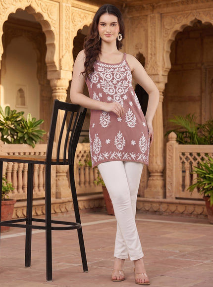 Chikankari Embroidered Spaghetti Strap Mauve Short Kurta
