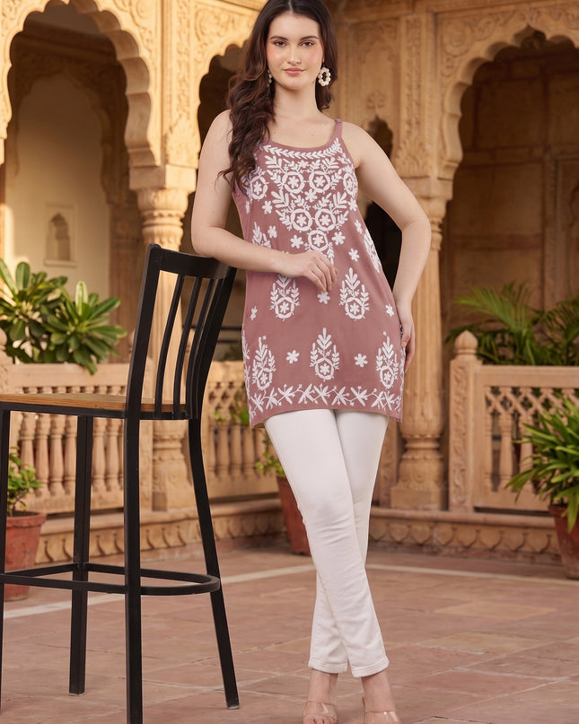 Chikankari Embroidered Spaghetti Strap Mauve Short Kurta