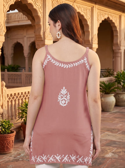 Chikankari Embroidered Spaghetti Strap Mauve Short Kurta
