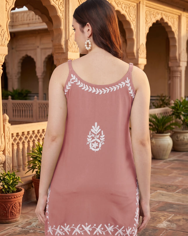 Chikankari Embroidered Spaghetti Strap Mauve Short Kurta