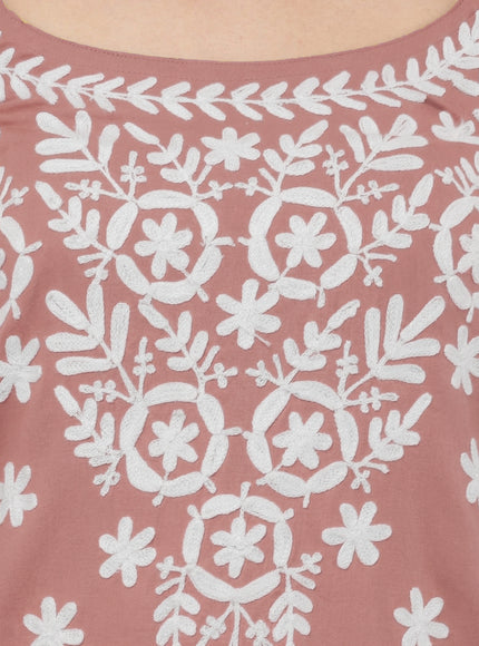 Chikankari Embroidered Spaghetti Strap Mauve Short Kurta