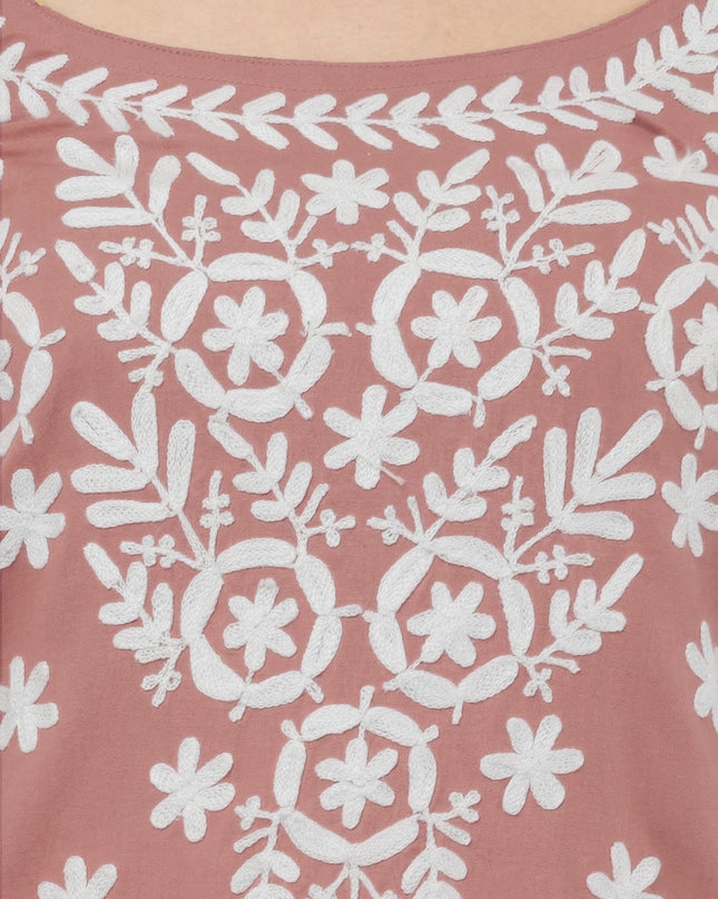 Chikankari Embroidered Spaghetti Strap Mauve Short Kurta