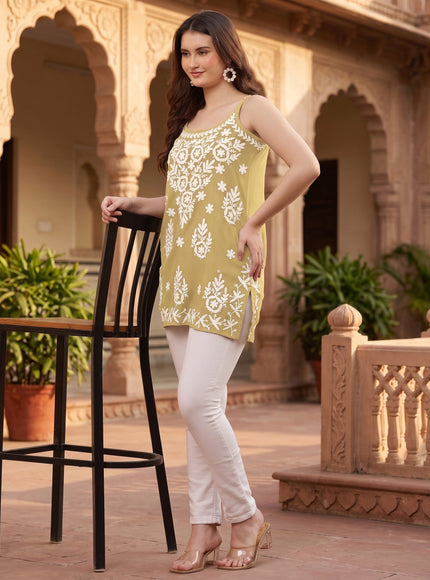 Chikankari Embroidered Spaghetti Strap Mustard  Short Kurta