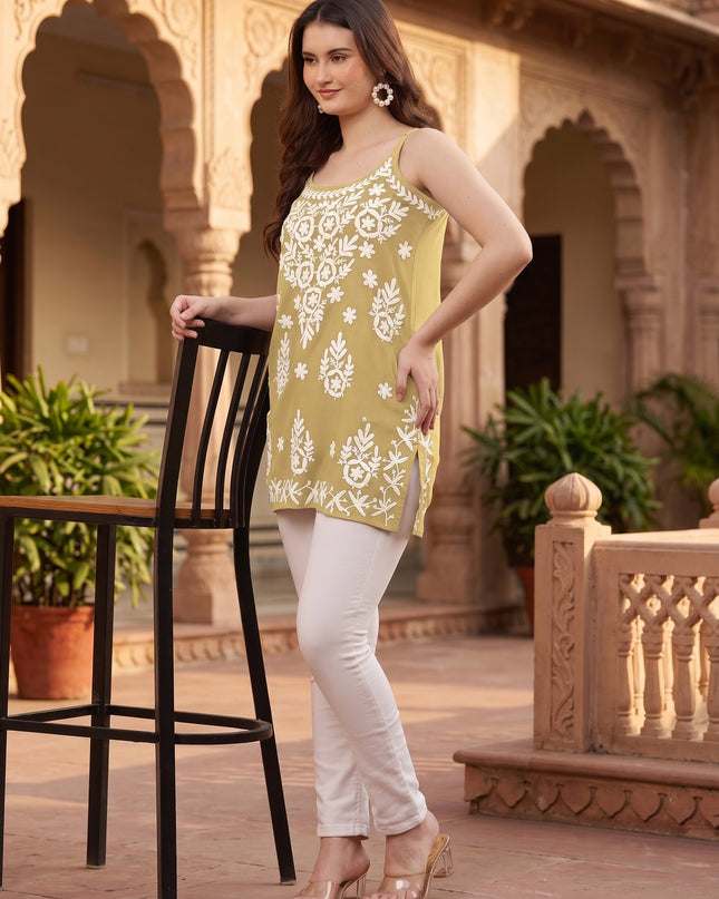 Chikankari Embroidered Spaghetti Strap Mustard  Short Kurta