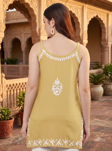 Chikankari Embroidered Spaghetti Strap Mustard  Short Kurta