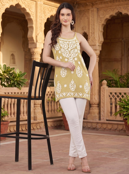 Chikankari Embroidered Spaghetti Strap Mustard  Short Kurta