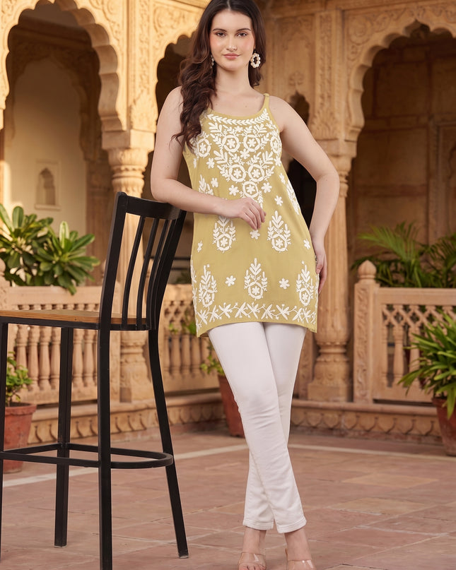 Chikankari Embroidered Spaghetti Strap Mustard  Short Kurta