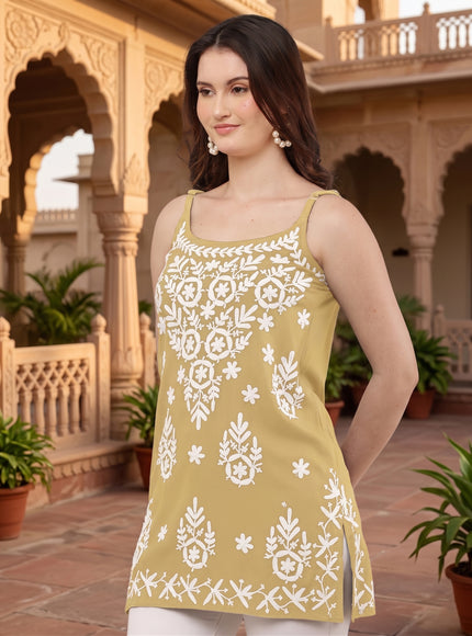 Chikankari Embroidered Spaghetti Strap Mustard  Short Kurta