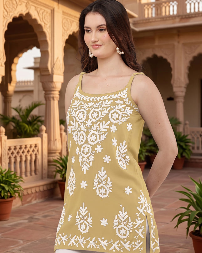 Chikankari Embroidered Spaghetti Strap Mustard  Short Kurta