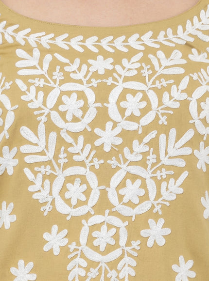 Chikankari Embroidered Spaghetti Strap Mustard  Short Kurta