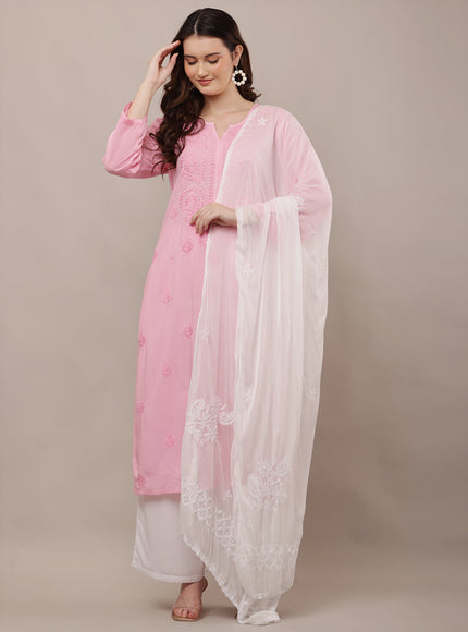 Floral Embroidered Chikankari Work Chiffon Dupatta