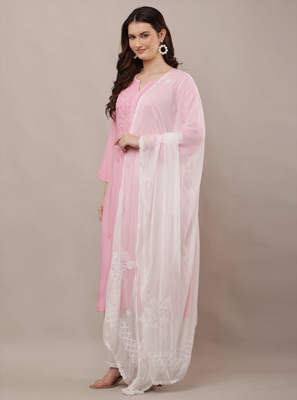 Floral Embroidered Chikankari Work Chiffon Dupatta