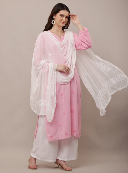 Floral Embroidered Chikankari Work Chiffon Dupatta