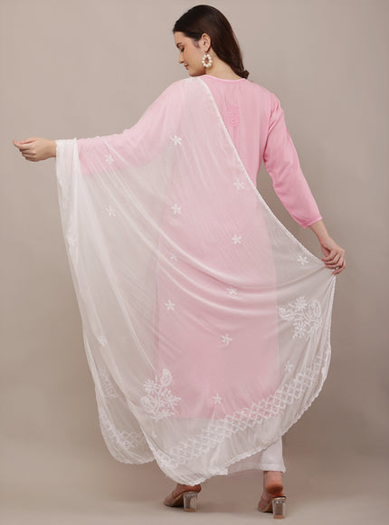 Floral Embroidered Chikankari Work Chiffon Dupatta